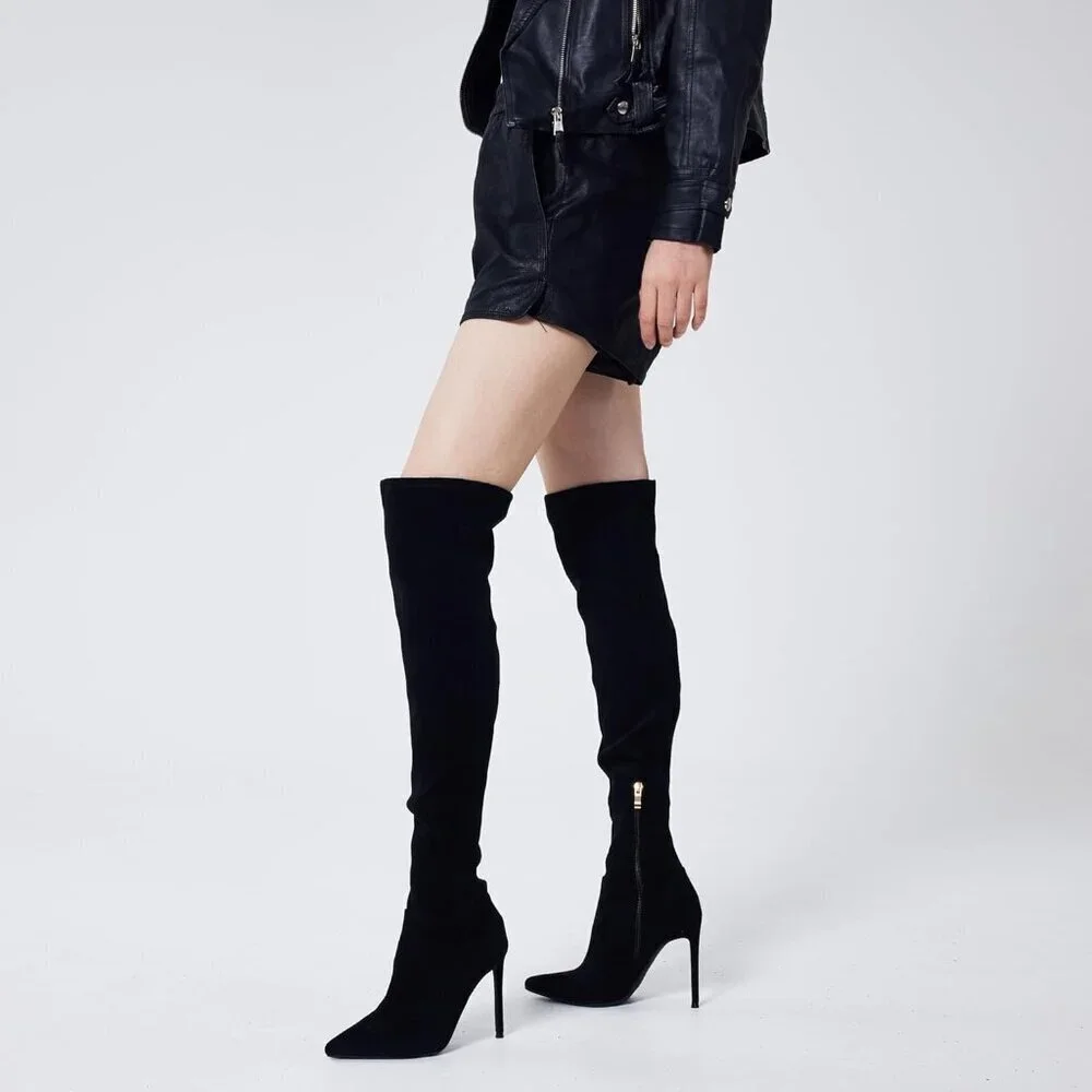 Women Black Suede Wools Lining Pointed Toe 4.3 inch Stilettos Thigh High Boots